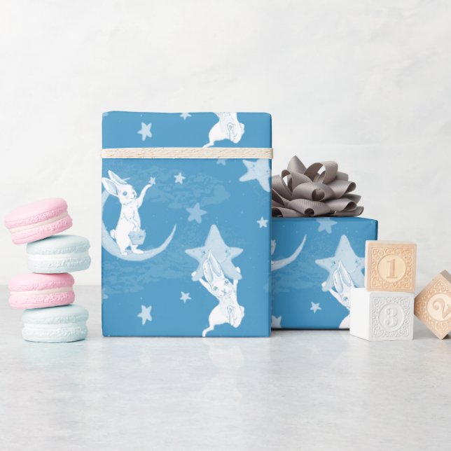 Papier Cadeau Bonnets mignons et étoiles en bleu (Baby Shower)