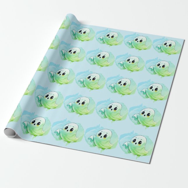 Papier Cadeau Boo Baby shower Halloween Bleu à thème mignonne fê (Déroulé)