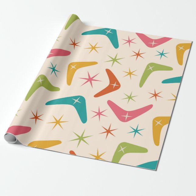 Papier Cadeau Boomerang du milieu du siècle avec Starbursts rétr (Déroulé)