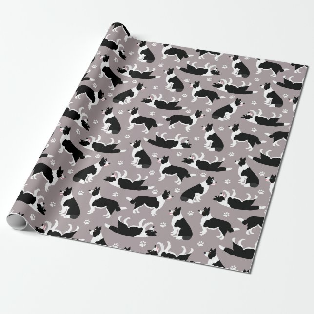 Papier Cadeau Border Collie and Paw Print Wrapping Paper (Déroulé)