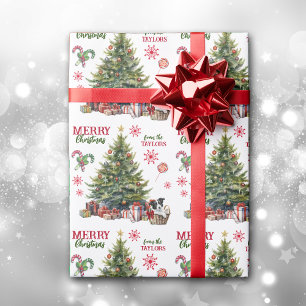 Papier Cadeau Bordure Collie Chiot sous l'arbre de Noël