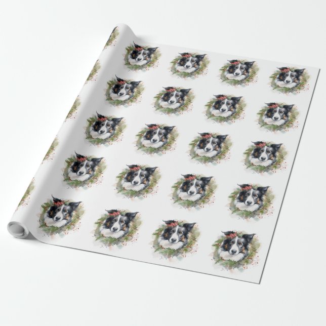 Papier Cadeau Bordure Collie Fête de Noël Wreath Pup (Déroulé)