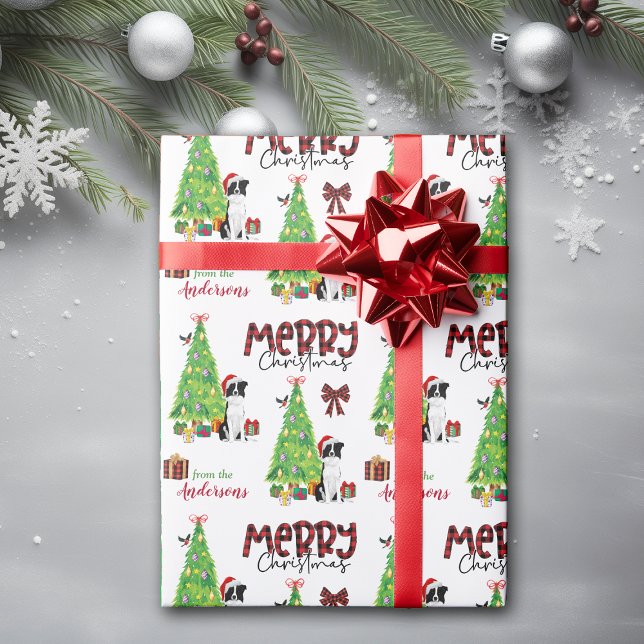 Papier Cadeau Bordure Collie, Oiseau et Arbre de Noël (Créateur téléchargé)