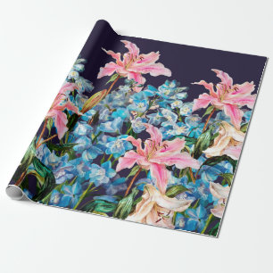 Papier Cadeau Bordure horizontale florale. Lys et delphiniums, 