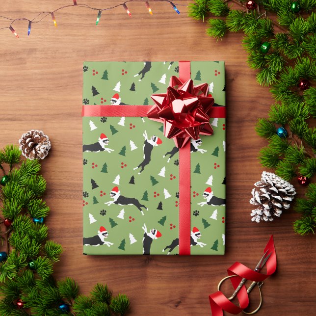 Papier Cadeau Boston Terrier Bosquets Arbre de Noël Santa Hat (Boston Terriers Christmas Wrapping Paper)
