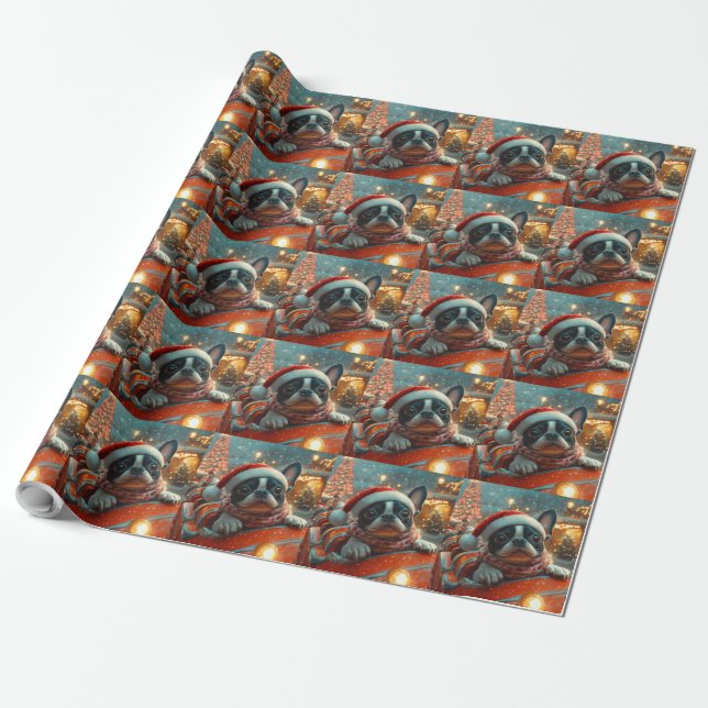 Papier Cadeau Boston Terrier Dog Roller Dessous de verre Noël (Déroulé)
