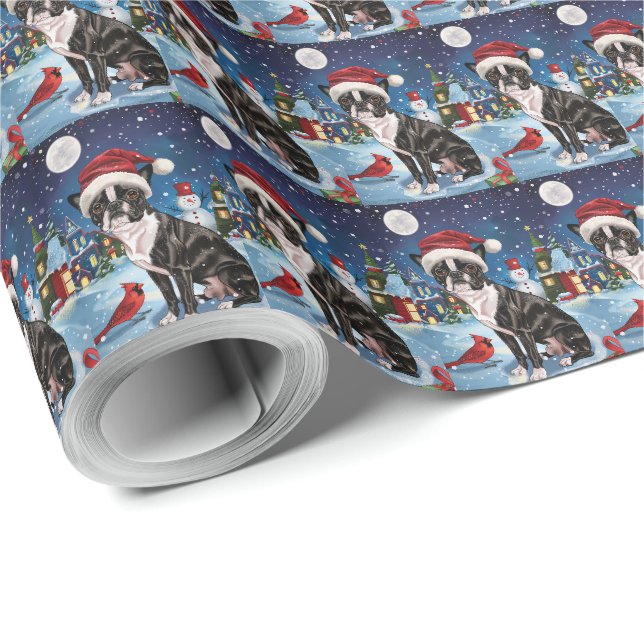 Papier Cadeau Boston Terrier Dog Winter Wonderland Noël Joie (Coin rond)