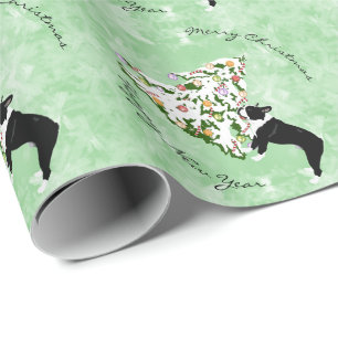 Papier Cadeau Boston Terrier et arbre de Noël