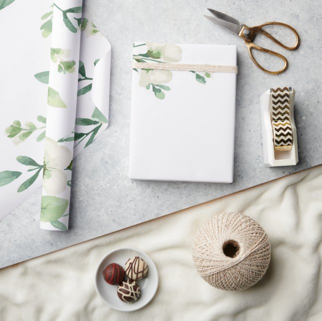 Papier Cadeau Botanical Greenery with White Floral Accents (Artisanat)