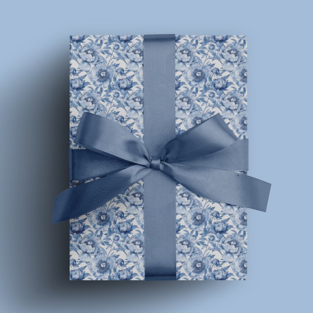 Papier Cadeau Botanique Bleu Floral Chinoiserie Fleur Motif (Botanical Blue Floral Chinoiserie Flower Pattern Wrapping Paper)
