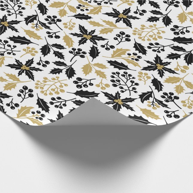 Papier Cadeau Botanique de Noël White Black Gold Holly (Coin)