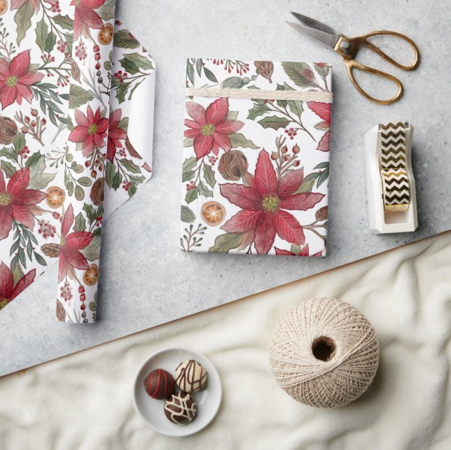 Papier Cadeau Botanique Poinsettia Noël rustique (Artisanat)