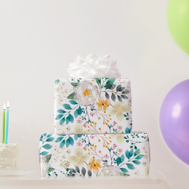 Papier Cadeau Botanique rose turquoise blanc orangé (Cadeaux de fête)