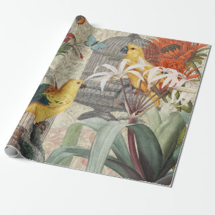 Papier Cadeau Botanique Vintage Oiseaux Nature Tropical Antique