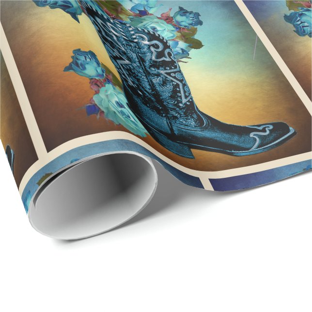 Papier Cadeau Botte de cowboy Bleu Occidental avec Roses au couc (Coin rond)