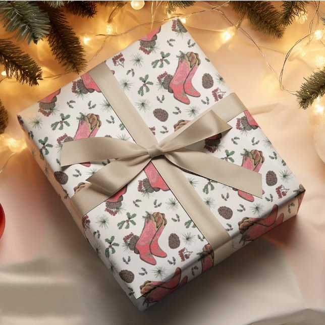 Papier Cadeau Botte, pinecones et baies de l'Ouest de Noël (Ivory Country Xmas Cowgirl Boots, Pinecones, Holly Berries & Pine. Hand-Drawn Illustrations.)