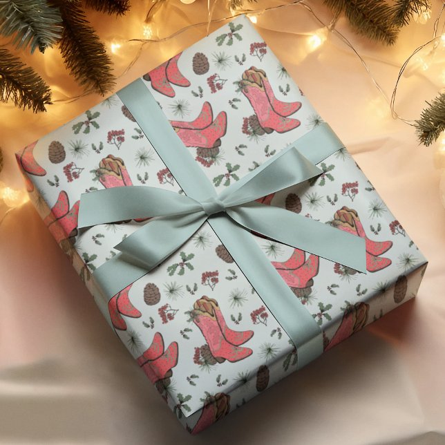 Papier Cadeau Botte, pinecones et baies de l'Ouest de Noël (Blue Country Xmas Cowgirl Boots, Pinecones, Holly Berries & Pine. Hand-Drawn Illustrations.)
