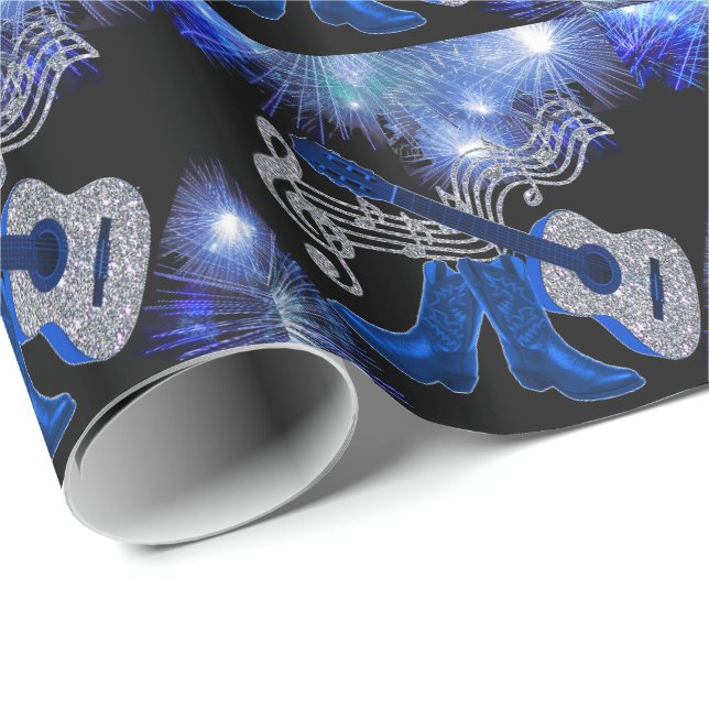 Papier Cadeau Bottes bleues de guitare et de cowboy de musique (Coin rond)