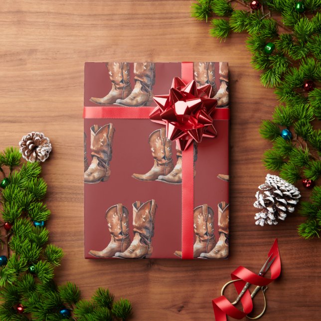 Papier Cadeau Bottes Occidentales Red Howdy Cowboy (Cadeau de vacances)
