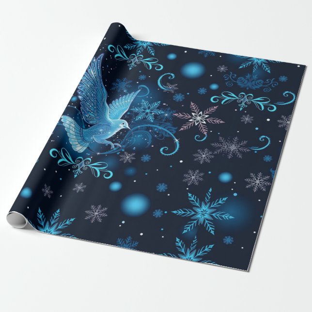 Papier Cadeau Bouchon de Noël de la colombe bleue et des flocons (Déroulé)