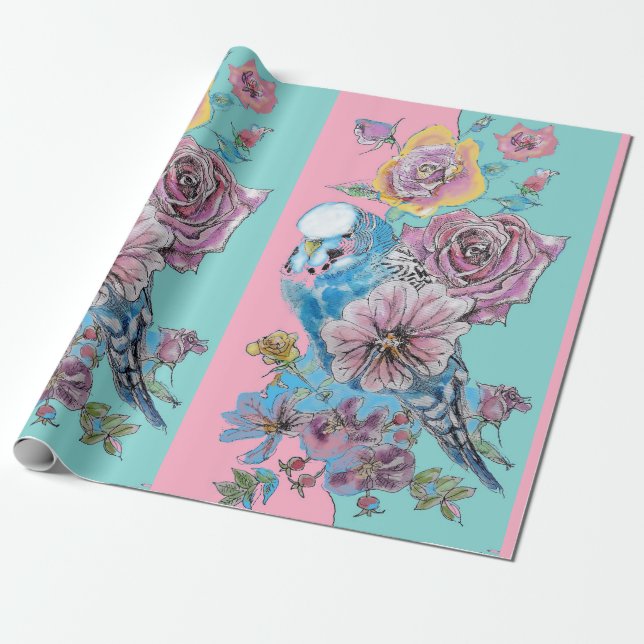 Papier Cadeau Bougie bleue Fleurs d'art Roses Aquarelle (Déroulé)