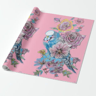 Papier Cadeau Bougie bleue Fleurs d'art Roses Aquarelle