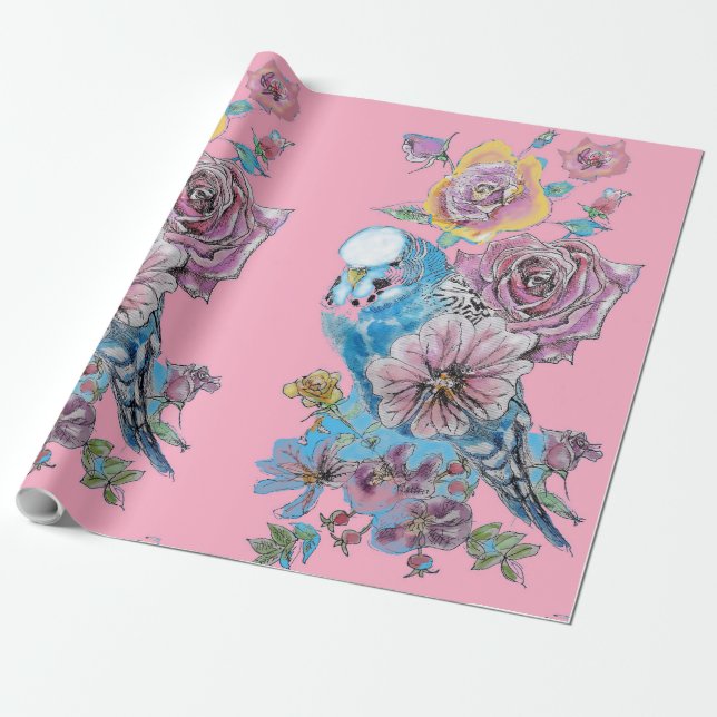 Papier Cadeau Bougie bleue Fleurs d'art Roses Aquarelle (Déroulé)