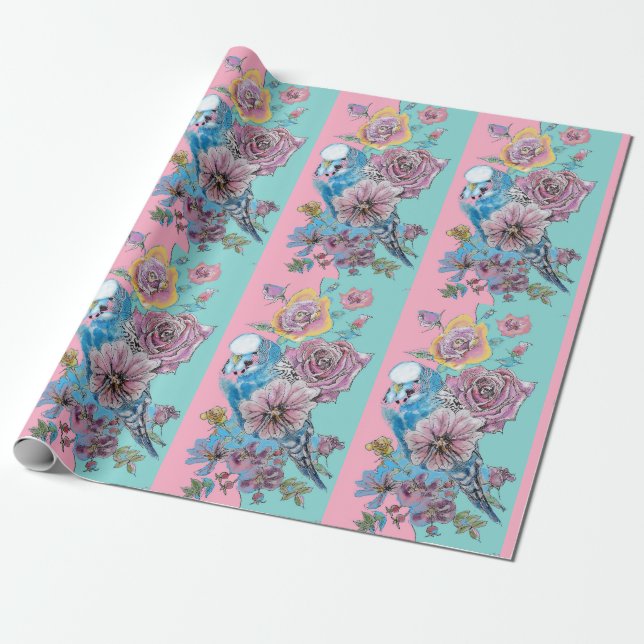 Papier Cadeau Bougie bleue Fleurs d'art Roses Aquarelle (Déroulé)