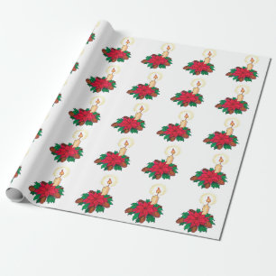 Papier Cadeau Bougie de Noël vintage avec plantes de poinsettia