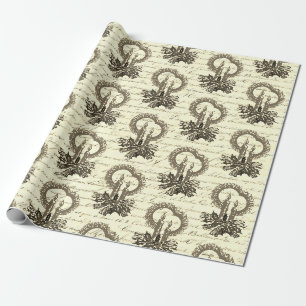 Papier Cadeau Bougie de Noël vintage or beige avec houx écriture