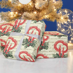 Papier Cadeau Bougie vintage Victorienne Rouge Vert Noël Holly
