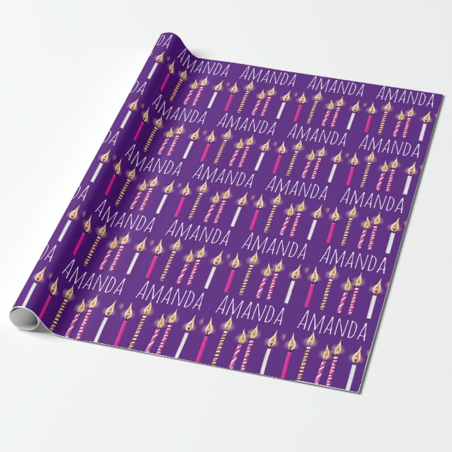 Papier Cadeau Bougies d'anniversaire personnalisées violettes (Déroulé)