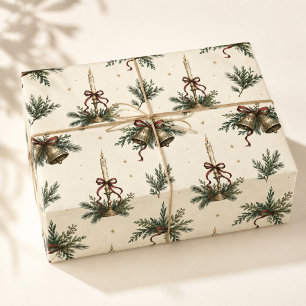 Papier Cadeau Bougies de Noël et cloches en fir vintage dessinée