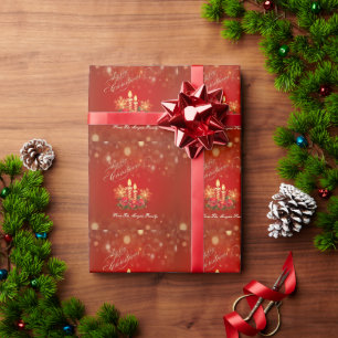 Papier Cadeau Bougies de Noël Rouge Élégantes, Boules, Snowflake