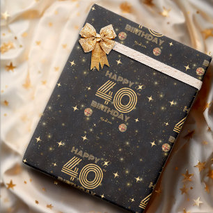Papier Cadeau Boule de disco dansante Or Noir 40e Joyeux Anniver