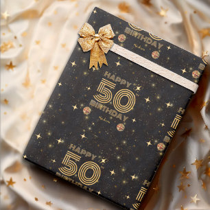 Papier Cadeau Boule de disco dansante Or Noir 50e Joyeux Anniver