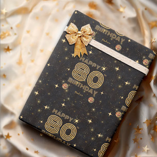 Papier Cadeau Boule de disco dansante Or Noir 80e Joyeux Anniver