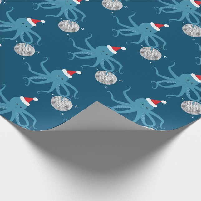 Papier Cadeau Boule Disco bleu Octopus Santa Hat Noël (Coin)