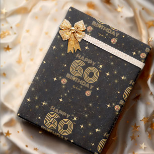 Papier Cadeau Boule disco dansante Or Noir 60e Joyeux Anniversai