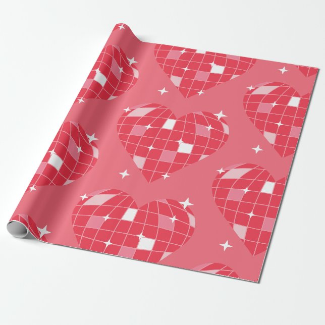 Papier Cadeau boule disco valentine 1970 coeur rose (Déroulé)
