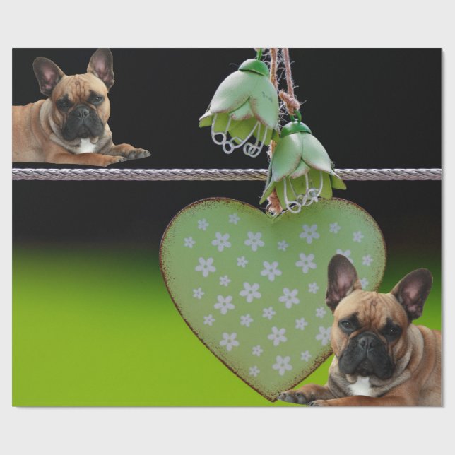 Papier Cadeau Bouledogue français Cœur vert French Bulldog (Plat)