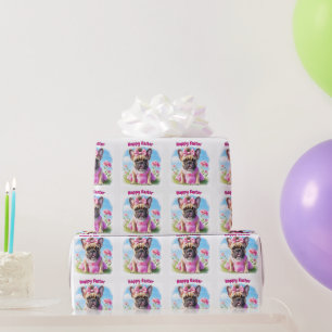 Papier Cadeau Bouledogue français Fleurs Pâques Bouledogue franç