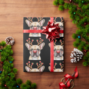 Papier Cadeau Bouledogue Français Renne Amoureux des Chiens Noël