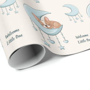 Papier Cadeau Bouledogue Français sur Lune Bleu Garçon Baby Show