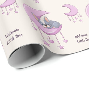 Papier Cadeau Bouledogue français sur Rose Lunaire Fille Bébé Ba