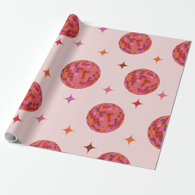 Papier Cadeau Boules de Disco Rétro Rose violet orange avec étoi (Déroulé)
