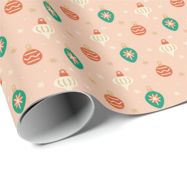 Papier Cadeau Boules de Noël beige rose et ornements (Coin rond)