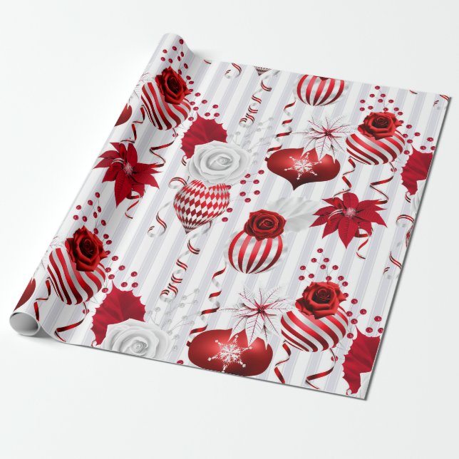 Papier Cadeau Boules de Noël branchées et Poinsettia (Déroulé)
