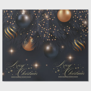 Papier Cadeau Boules de Noël Branches de Pin Noir