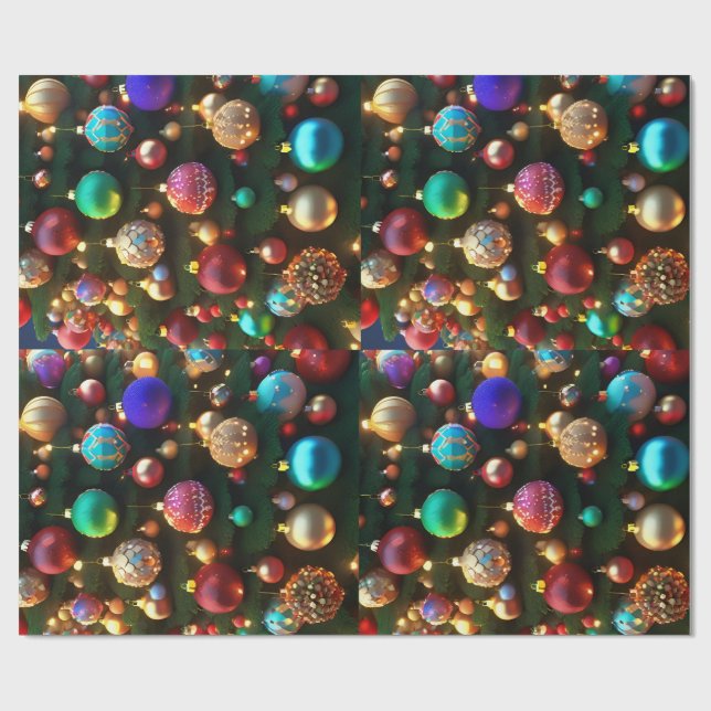 Papier Cadeau Boules de Noël colorées (Plat)